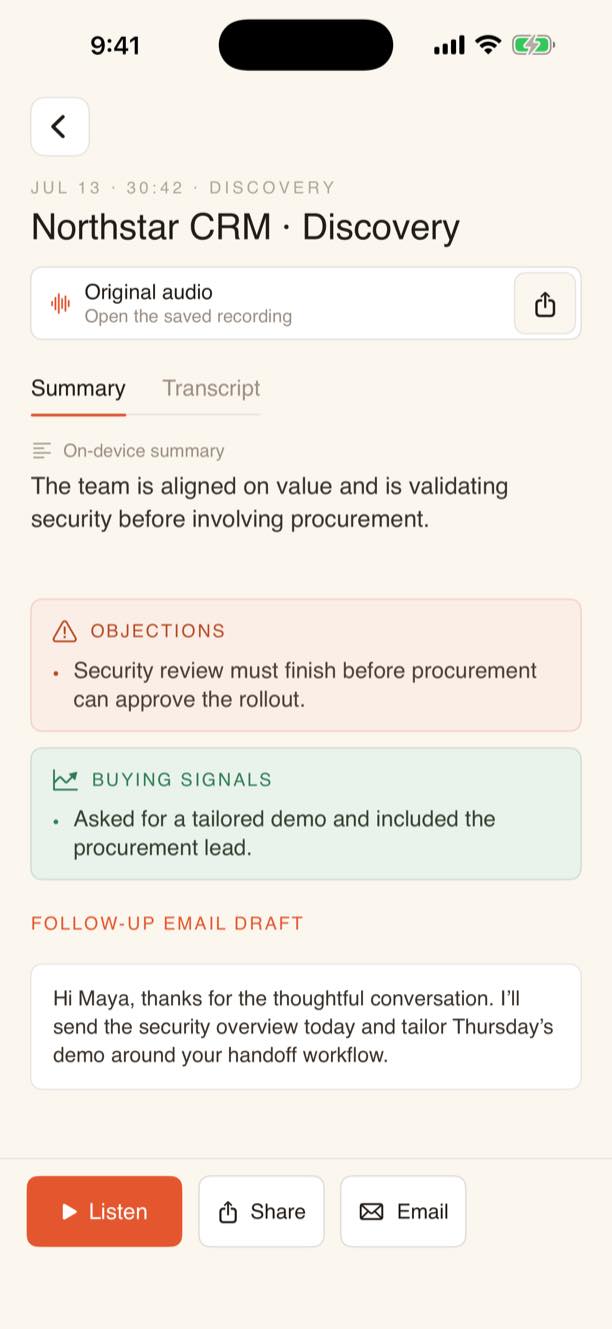 PitchNotes showing objections, buying signals, and a follow-up email draft for a sales call