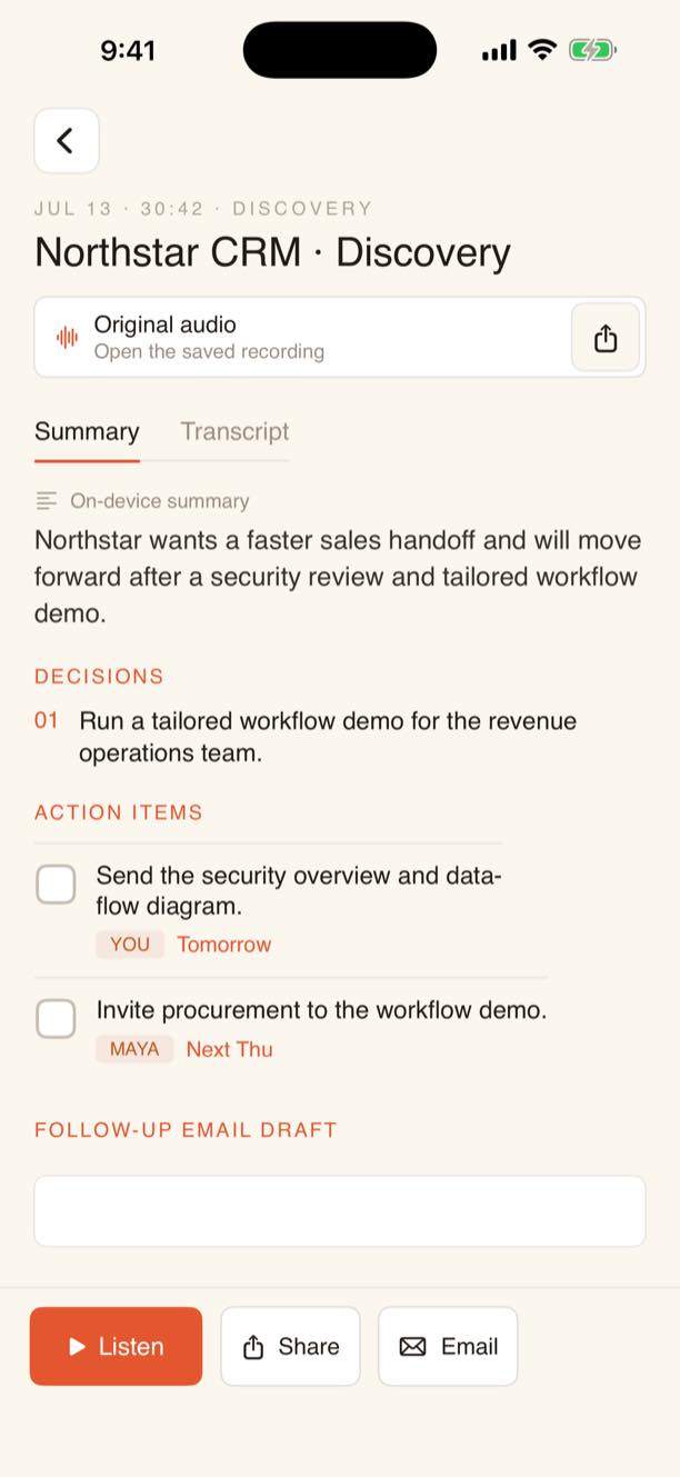 PitchNotes showing a completed sales call summary